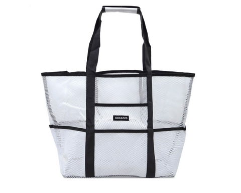 Large white beach tote or pool bag, mesh construction. Six exterior pockets!!