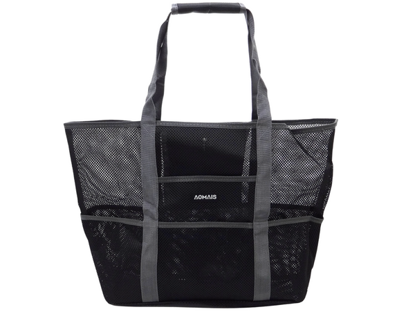 Large black beach tote or pool bag, mesh construction. Six exterior pockets!!