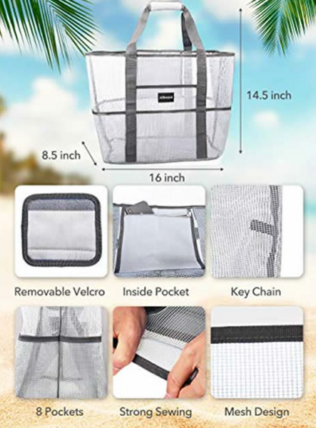 Tote dimensions,  14.5in x 16in x 8.5in, mesh design, 8 pockets, durable and large.